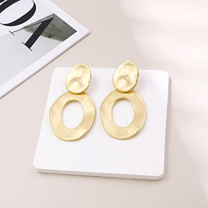 Gold Metal Clip On Earrings for Women Non Pierced Dangle Drop Earrings Multiple Styles - color: gold oval hollow