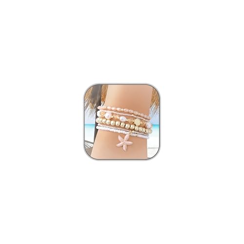 LALAPPLE Shell Bracelet Boho Beaded Stretch Bracelets for Women Seashell Strand Bracelets Starfish Charm Jewelry Summer Beach Jewelry Stackable Crystal Gold Plated Beads Bracelet for Women - style: T-Style9 pink