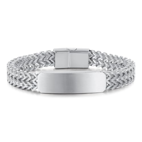 Xusamss Mens Cuban Link Bracelet Stainless Steel Double Layer Chain Jewelry Heavy Blank Bar Design Link Bracelet for Men - color: White