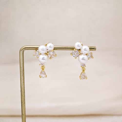 Pearl Earrings for Women Trendy, 14k Gold Plated Freshwater CZ Leaf Pearl Dangle Drop Gold Earrings Lightweight Hypoallergenic Stud Earring Bridesmaid Wedding Gold Jewelry for Women Gifts - style: cz pearl drop earrings