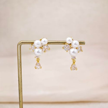 Pearl Earrings for Women Trendy, 14k Gold Plated Freshwater CZ Leaf Pearl Dangle Drop Gold Earrings Lightweight Hypoallergenic Stud Earring Bridesmaid Wedding Gold Jewelry for Women Gifts - style: cz pearl drop earrings