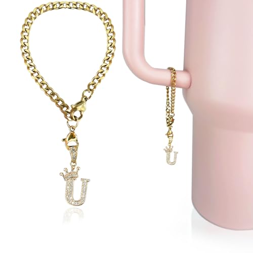 Letter Charm for Stanley Cup- Crown Letter Accessories for Stanley Handle 40 Oz Tumblers Gold Initial Keychain Water Bottle Cup with Diamond Glitter Jewelry Personalized Decorations U - color: Letter U
