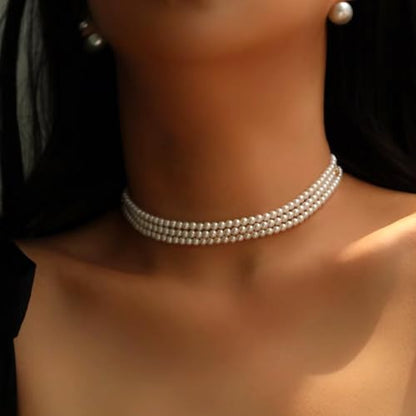 Zeffy Pearl Necklace 4MM/6MM/8MM Dainty Round Imitation Pearl Choker Necklace Wedding Pearl Necklace Delicate Jewelry for Women Simple Bridesmaid Jewelry Gifts - style: 6mm Three-layer Pearl Choke(16"+2)