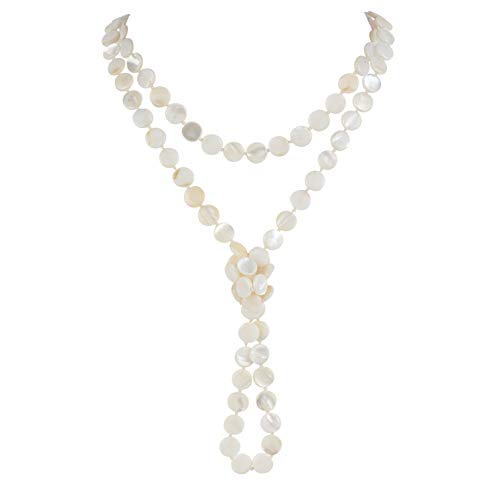 Firstmeet Flat Round Coin Shell Beads Long Knotted Necklace Natural Mother of Pearl Handmade Jewelry For Women - color: Freshwater Shell