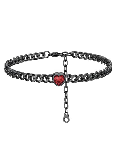 ChainsHouse Cuban Chain Anklets for Women with Heart Birthstone Jan - Dec | Stainless Steel Black Link Chain Ankle Bracelet with Birthstone, Beach Women Anklet 22cm-27cm Adjustable, with Gift Box - color: 01. Jan.-Red Garnet-Black