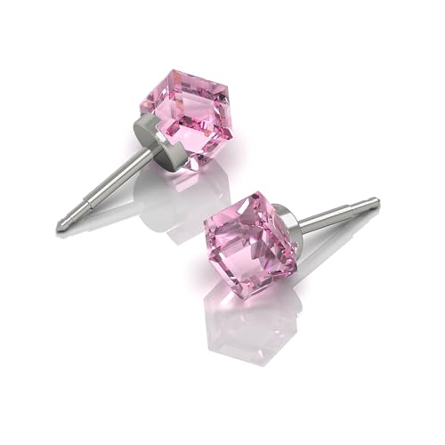 316L Stainless Steel Stud Earrings for Sensitive Ears – Hypoallergenic Princess Cut Square Cubic Zirconia Post Earrings for Women & Men – Nickel Free Daily Jewelry - color: Rose