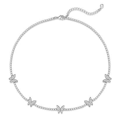 Luxval Tennis Necklace 14K Gold Plated Rhinestone Butterfly Choker Necklaces for women Dainty Zirconia Cut Faux Diamond chain 3mm - color: Silver-butterfly