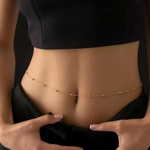 Gold Body Chain for Waist for Women 2Pcs, Jewelry for Beach Accessories | 26.77-52.36In, Adjustable, 14K Gold-plated, Waterproof, Equipped with 2 Extension Chains, Brass, Great for Beach/Dating/Party - style: Bead chain