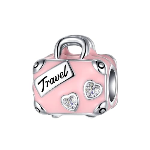 925 Sterling Silver Charms fits Bracelets and Necklace Pendant Bead Charms Jewelry Gift for Women Family Friends - style: I Love Travel Suitcase Pink Charm