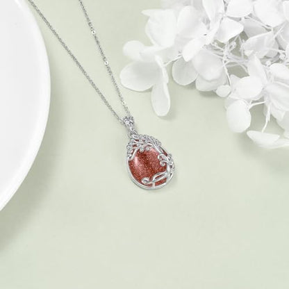 YAFEINI 925 Sterling Silver Moonstone Necklace Filigree Teardrop Pendant Necklace Jewelry for Women Girls - color: JJ-Tree of Life Gold Sand Stone Necklace
