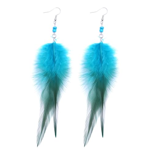 RUOFFETA Long Feather Earrings for Women, Boho Bohemian Earrings Multicolor Tassel Handmade Feather Earrings for Women Dangling - style: M-Blue