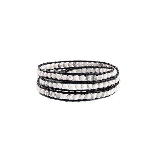 Handmade Alloy Leather Natural Stone Bead Statement Bracelet Bangle Cuff Rope 3 Wrap Adjustable Jewelry Collection - color: White Howlite