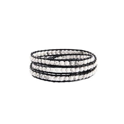 Handmade Alloy Leather Natural Stone Bead Statement Bracelet Bangle Cuff Rope 3 Wrap Adjustable Jewelry Collection - color: White Howlite