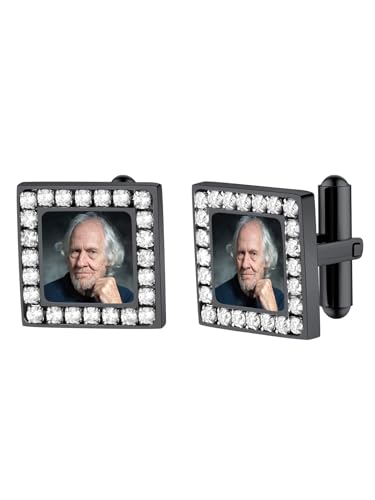 FindChic Stainless Steel Round Cufflinks with Custom Text/Picture/Monogram Letters 18K Gold Plated/Black Color for Men Groom Suits Shirts, with Gift Box - style: 02. CZ custom photo-square (black)