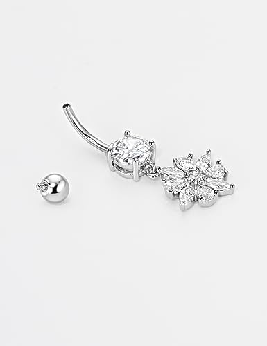 Belly Button Ring Dangle, Cross Belly Button Ring, Navel Piercing | 316L Surgical Steel, AAA+ Cubic Zirconia, Nickel-Free, Hypoallergenic, Multi-Style, 14 Gauge 10 mm Screw On Piercing Stud - style: Round Zircon with Dangling Flower