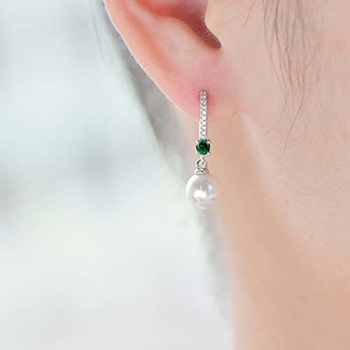 JO WISDOM 925 Sterling Silver Freshwater Pearl Hoop Earrings with Dangle Real Pearl,Simulated Pearls - color: B-8mm white pearl,green emerald