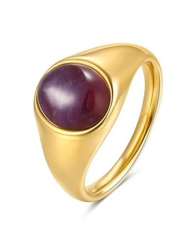 YeGieonr Gold Signet Rings for Women Non Tarnish Gold Rings, Waterproof Gemstones Statement Ring, 18K Gold Plated Stainless Steel Gem Stone Jewelry Gift for Everyday Wear - color: Amethyst