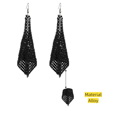 Mesh Sequin Tassel Long Drop Earrings for Women, Lightweight Metal Grid Fringe Dangle Earrings, Colorful Sparkly Alloy Wedding Bridal Party Jewelry (1 pair) - color: Black
