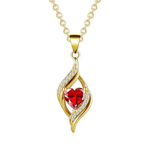 Birthstone Necklace for Women, 14K Gold Plated Heart Cubic Zirconia Pendant, Dainty Birthstone Jewelry Necklace Gifts for Birthday, Valentine’s Day Mother's Day - color: July-Ruby