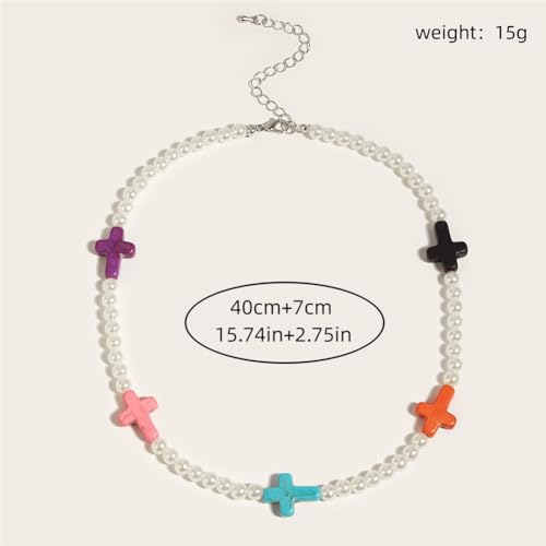 Small Dainty Cross Necklace Pendant Bohemian Turquoise Seed Bead Beaded Necklace Choker for Women Men Faith Jewelry Gift - color: 07 Pearl