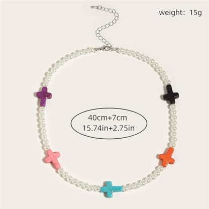 Small Dainty Cross Necklace Pendant Bohemian Turquoise Seed Bead Beaded Necklace Choker for Women Men Faith Jewelry Gift - color: 07 Pearl