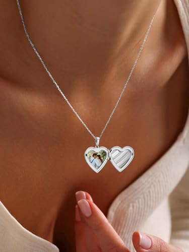 U7 Women Locket Necklace, Heart Photo Lockets Hold Picture, Gift Box Packed | Gold/Silver/Rose Locket Charm, Custom Picture and Engravement Heart Pendant, 20" Chain, Personalized Gift for Mom Wife Friend - color: 05# Platinum Stripe