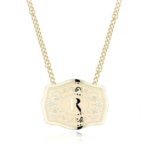 14K Gold-Plated Initial Necklace for Women, Western Belt Buckle Letter Pendant, Alphabet Necklace Includes 2 Chains, Cowgirl Jewelry Gift - color: R