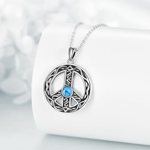 VONALA Sterling Silver Necklace Moss Agate/Turquoise/Larimar/Aquamarine/Opal/Black Onyx/Rose Quartz/Moonstone Pendant Teardrop Necklace Jewelry Gift for Women - style: Peace Sign