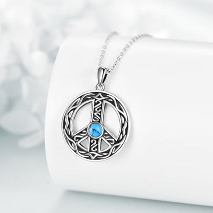 VONALA Sterling Silver Necklace Moss Agate/Turquoise/Larimar/Aquamarine/Opal/Black Onyx/Rose Quartz/Moonstone Pendant Teardrop Necklace Jewelry Gift for Women - style: Peace Sign