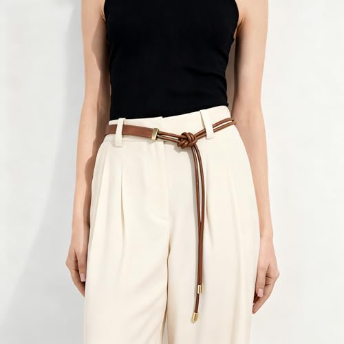 Women's Knotted Thin Waist Belt PU Leather Skinny Belts for Dresses Pants - color: Brown
