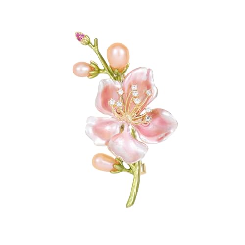 Elegant Peach Blossom Cz Brooch for Women Men Delicate Crystal Flower Faux Pearl Enamel Lapel Pins Dress Coats Scarves Accessories Wedding Party Prom Fashion Jewelry