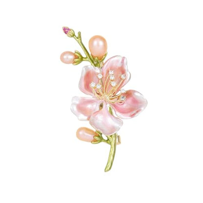 Elegant Peach Blossom Cz Brooch for Women Men Delicate Crystal Flower Faux Pearl Enamel Lapel Pins Dress Coats Scarves Accessories Wedding Party Prom Fashion Jewelry