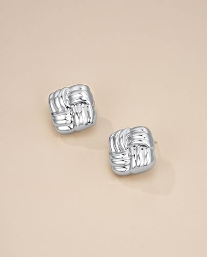 SNGIA 18K Gold Plated Chunky Statement Stud Earrings for Women by SNGIA, Geometric Square Triangle Irregular Knot Dome Earrings, Ribbed Ribbon Textured Gold Silver Fashion Jewelry Gift - style: Silver Plated, Square