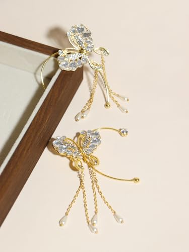 2Pcs Butterfly Ear Cuffs Rhinestone Clip On Earrings | Rhinestone butterfly ear cuffs with non piercing clip on design; silver ear wrap climber jewelry for parties and weddings - style: Style E Gold