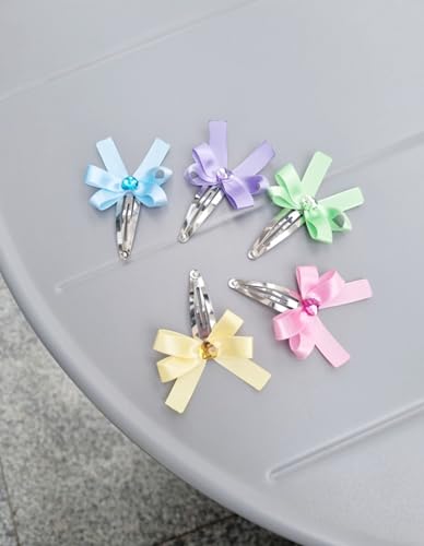 Heart Gem Ribbon Hair Snap Clips with Satin Bow, Multicolor Set of 5, Pink Yellow Green Blue Purple, 2 Inch