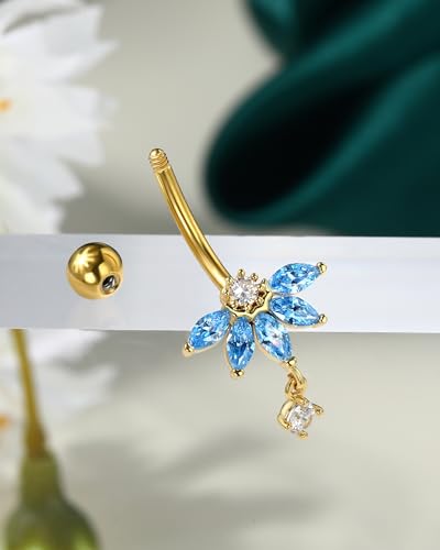 Lotus Belly Button Rings, 14G Dangle Belly Navel Rings for Women, Stainless Steel Belly Navel Piercing Jewelry - color: YGBL-10MM