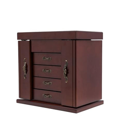 Large Wooden Jewelry Box with Built-in Mirror, 5 Drawers Jewelry Case with Side Organizer, Watches Necklace Ring Storage Box for Women