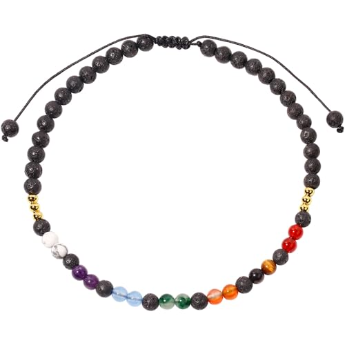 Colorful 7 Chakra Gemstones Beaded Anklet for Women Foot Jewelry | Adjustable 8.5-10 in, Ankle Bracelets for Women, Handmade, Positive Energy, Balance, Yoga, Meditation, Beach, Party, Vacation - style: Lava Rock