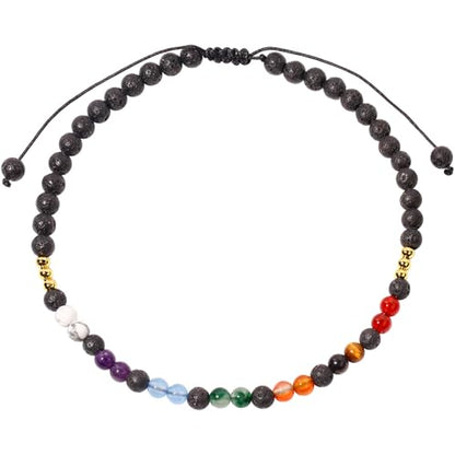 Colorful 7 Chakra Gemstones Beaded Anklet for Women Foot Jewelry | Adjustable 8.5-10 in, Ankle Bracelets for Women, Handmade, Positive Energy, Balance, Yoga, Meditation, Beach, Party, Vacation - style: Lava Rock