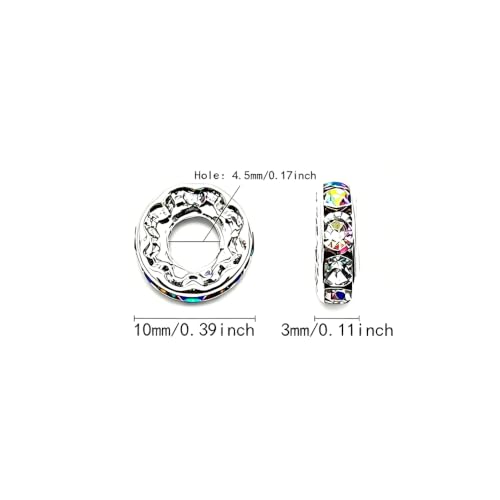 100pcs Large Hole Rhinestone Spacer Beads 10mm Silver Plated Czech Crystal Rhinestone for DIY Jewelry Making Charms Bracelet (AB Crystal) - color: AB Crystal