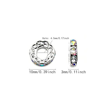 100pcs Large Hole Rhinestone Spacer Beads 10mm Silver Plated Czech Crystal Rhinestone for DIY Jewelry Making Charms Bracelet (AB Crystal) - color: AB Crystal