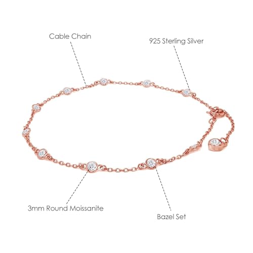 Link Chain Station Anklet Bracelet for Women 1.00 CT | 3MM Round Moissanite in Sterling Silver Jewelry for Her 8" to 10" - color: A3 : Rose Gold