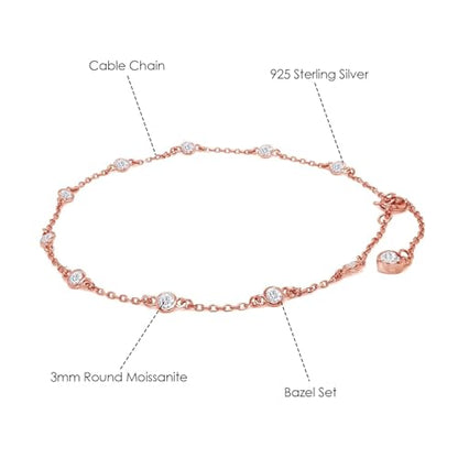 Link Chain Station Anklet Bracelet for Women 1.00 CT | 3MM Round Moissanite in Sterling Silver Jewelry for Her 8" to 10" - color: A3 : Rose Gold