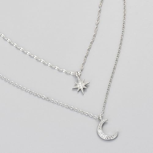 Silver Star Moon Charm Necklace for Women Layered Collarbone Chain Delicate Clavicle Chain Double Layer Necklaces for Woman - color: White K