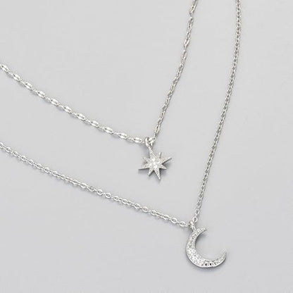 Silver Star Moon Charm Necklace for Women Layered Collarbone Chain Delicate Clavicle Chain Double Layer Necklaces for Woman - color: White K