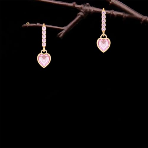 Sparkly Crystal Love Heart Dangle Drop Earrings Dainty Rhinestone Tiny Heart Huggie Hoop Earrings For Women - color: Pink