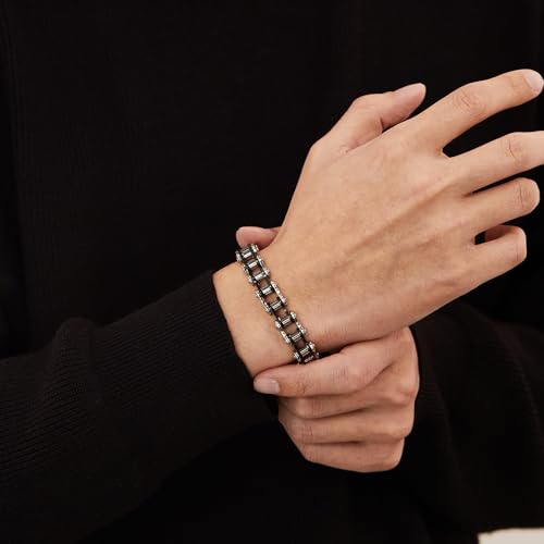 jonline24h Mens Womens Stainless Steel Motorcycle Biker Chain Heavy Bracelet Rock Link Wristband - color: Black Silver