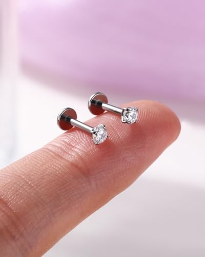 2PCS 20G/18G/16G Titanium Flat Back Nose Studs Internally Thread Cartilage Earring Studs Clear CZ Helix Tragus Earrings for Women Medusa Labret Stud Conch Piercing Jewelry Hypoallergenic - size: 1.2*7mm