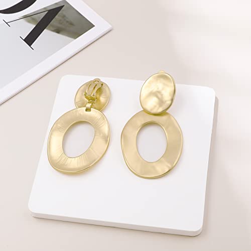Gold Metal Clip On Earrings for Women Non Pierced Dangle Drop Earrings Multiple Styles - color: gold oval hollow