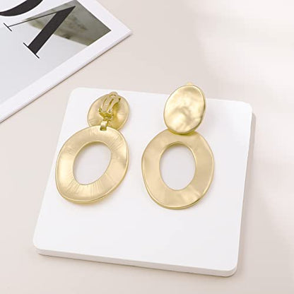 Gold Metal Clip On Earrings for Women Non Pierced Dangle Drop Earrings Multiple Styles - color: gold oval hollow
